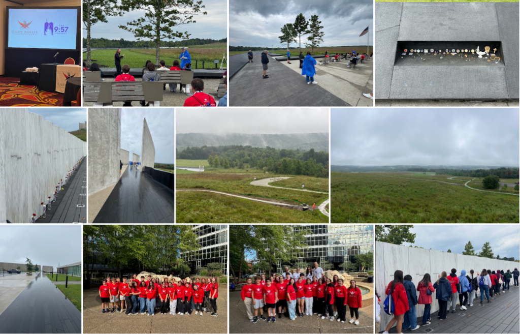 memorial wall, students posing in a group